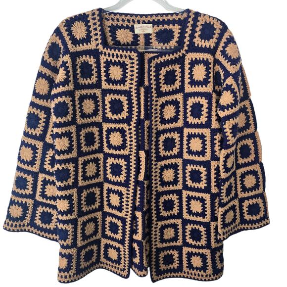 Vintage Sweaters - Vintage 70s Handmade Crochet Granny Square Open Front Cardigan Jacket OS SEE